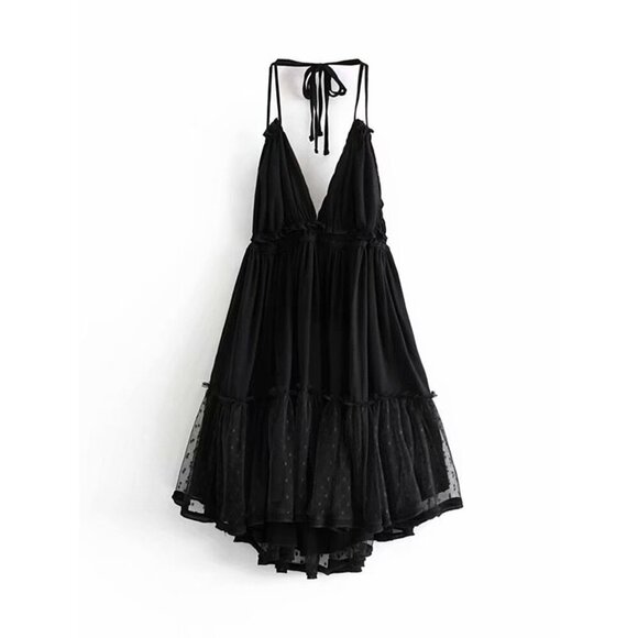 Tie back halter mini dress backless lace layered polkadot boho white - Picture 4 of 8